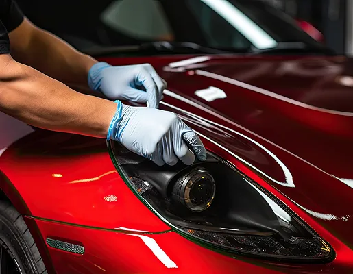 Mains gantées appliquant un revêtement protecteur sur le phare d'une voiture rouge à Azay-sur-Thouet dans les Deux-Sèvres 79
